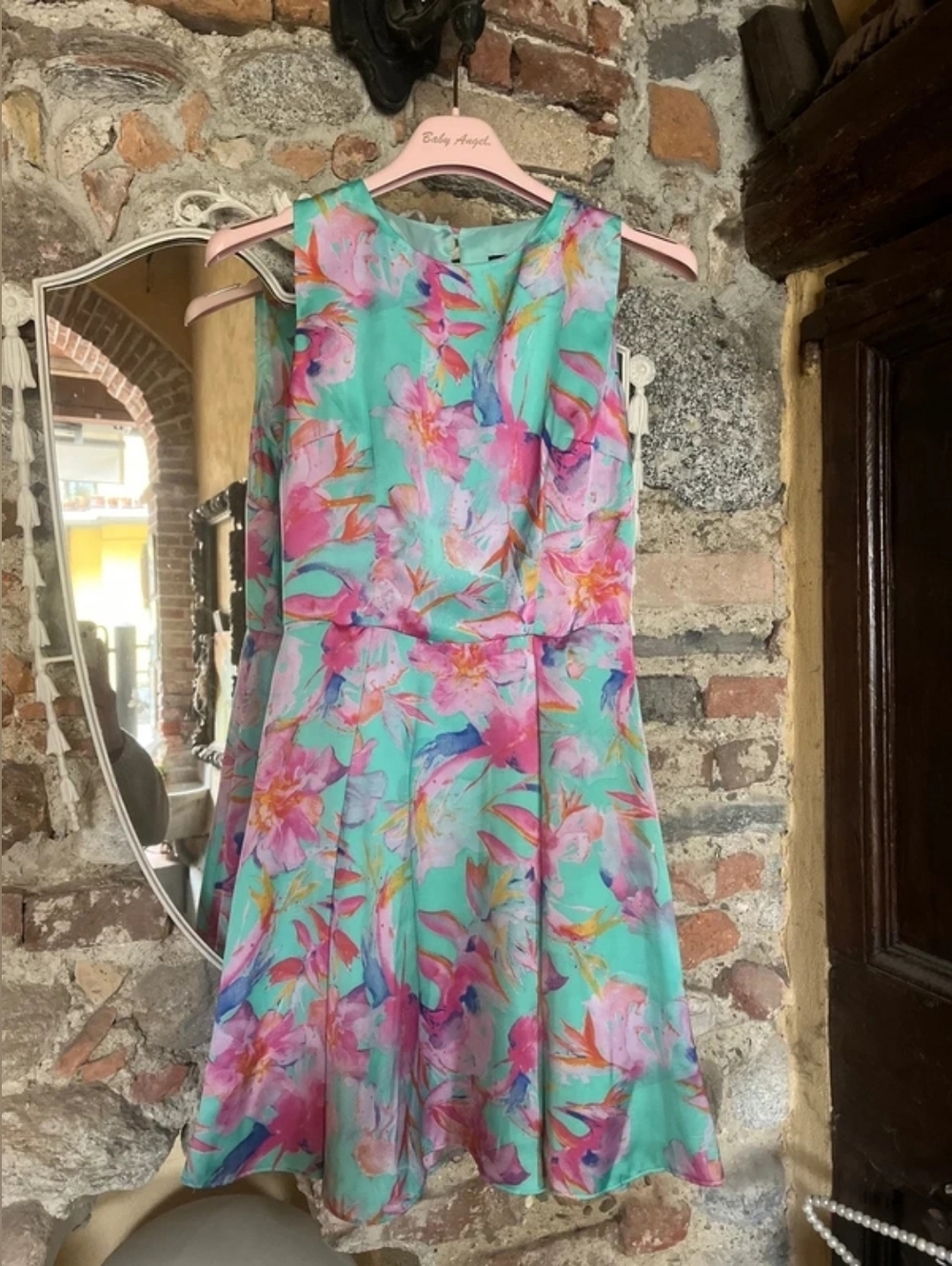 Floral Mint & Pink Sleeveless Fit-and-Flare Dress